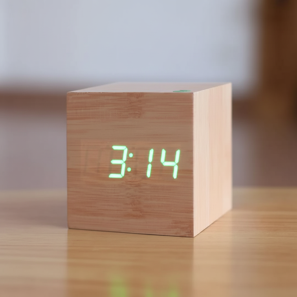 Minimalistischer digitaler Tischwecker in Holzoptik