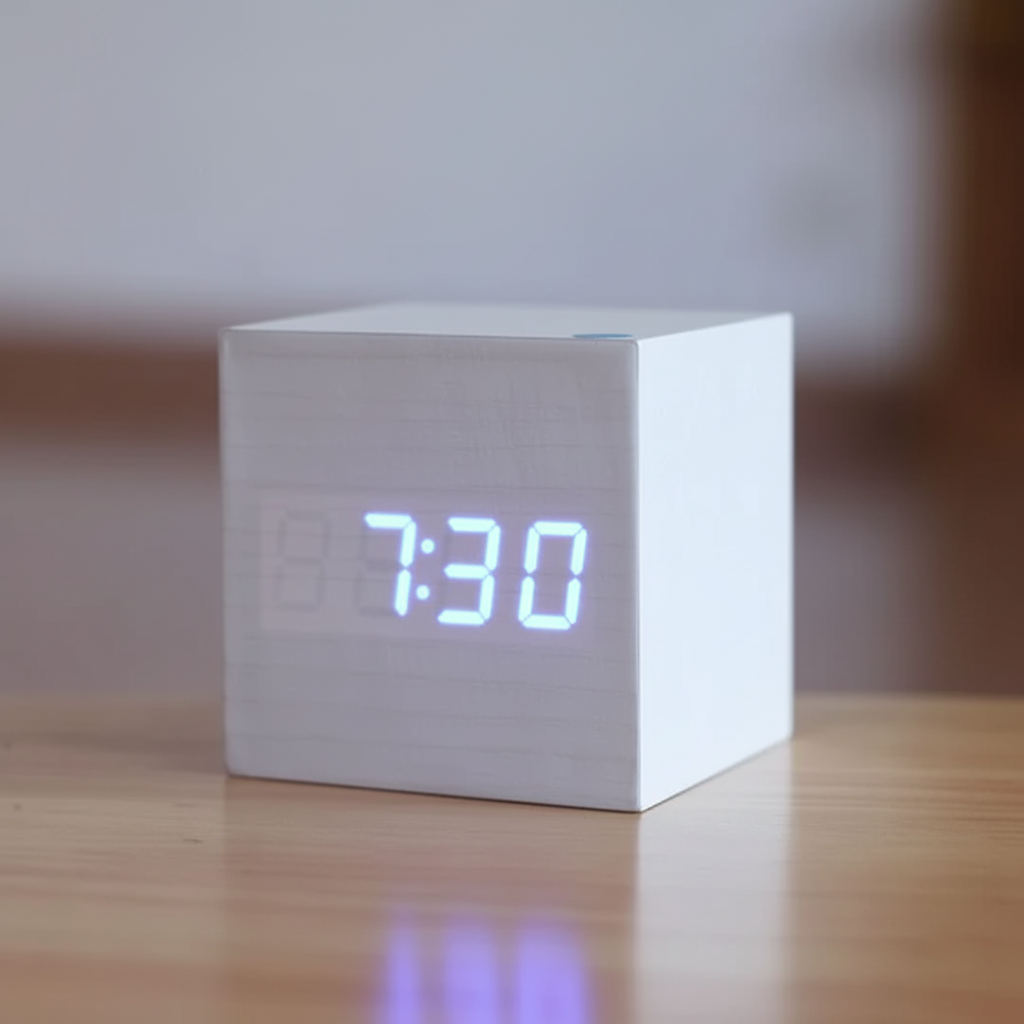 Minimalistischer digitaler Tischwecker in Holzoptik