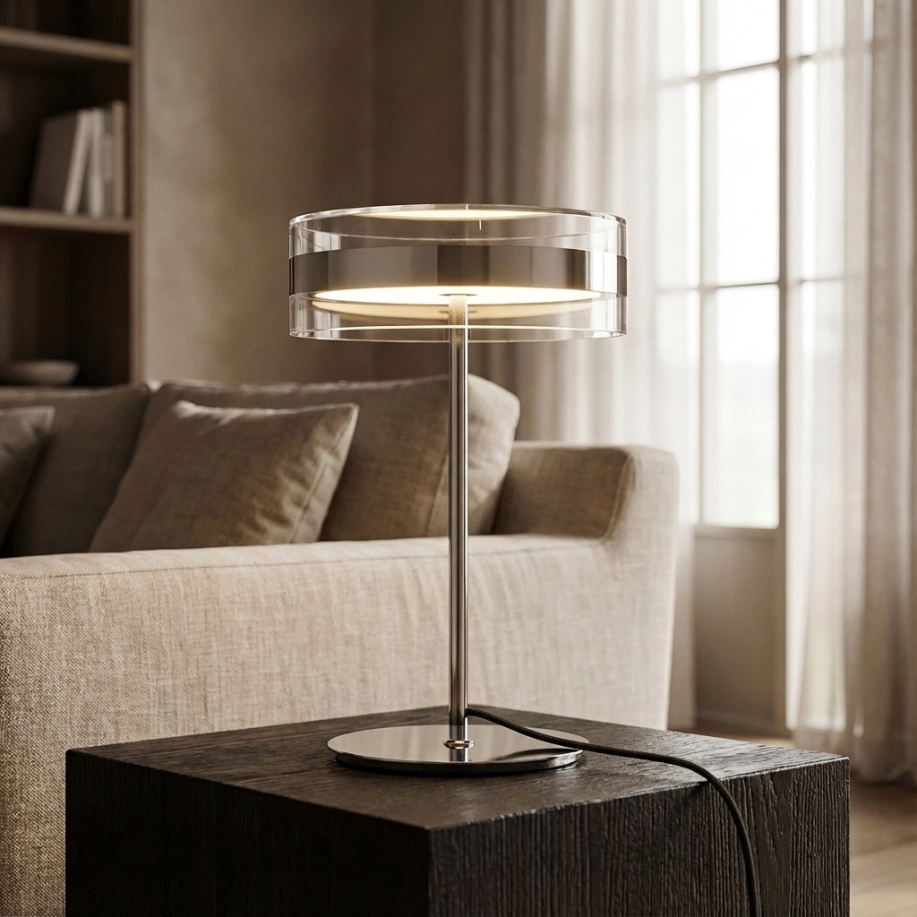 Elegante Tischlampe mit zylindrischem Klarsichtschirm und schlankem Stab