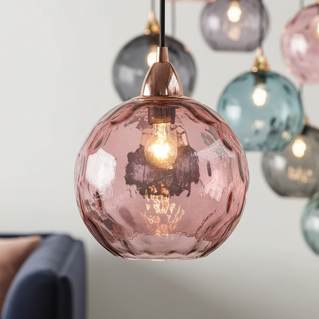 Minimalistische kugelförmige Pendelleuchte aus Glas und Schmiedeeisen