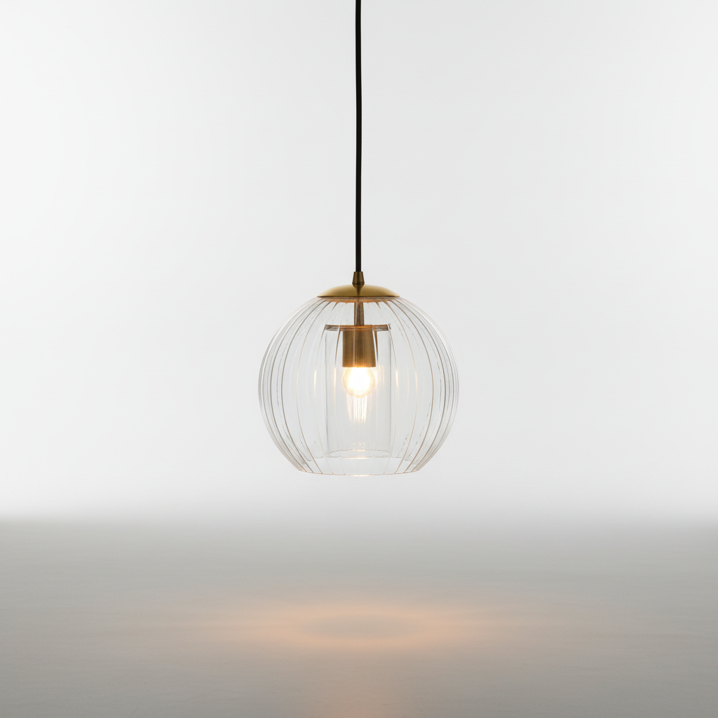 Höhenverstellbare Pendelleuchte mit kugelförmigem Glasschirm und Metall