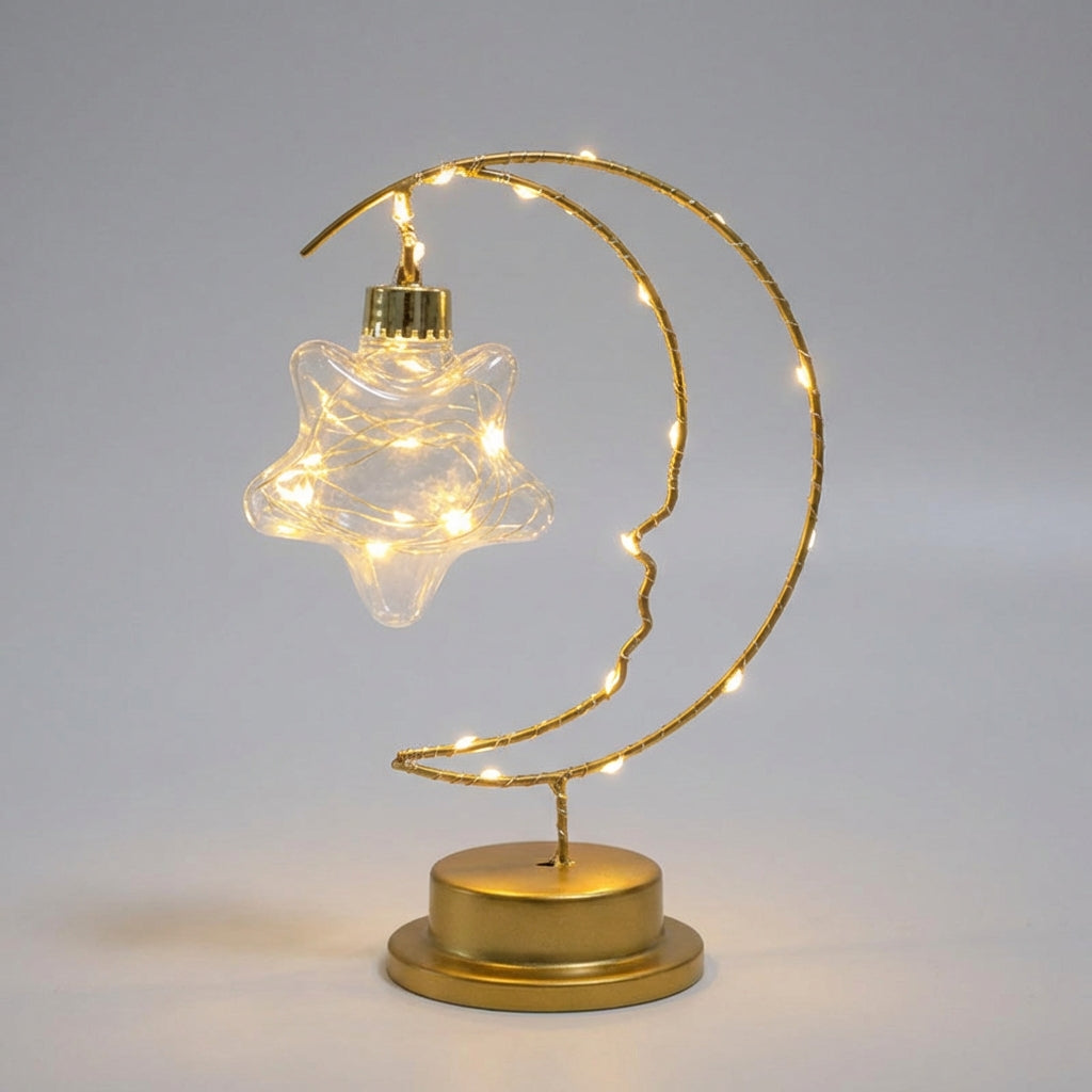 Dimmbare Hängetischlampe mit geschwungener Mondsilhouette und gläsernem Stern