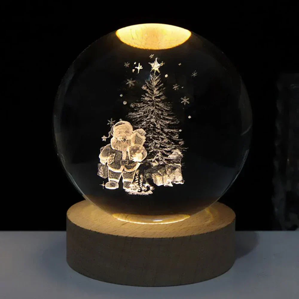 Nachtlicht und Tischlampe mit gravierter Kristallkugel in Planetenform