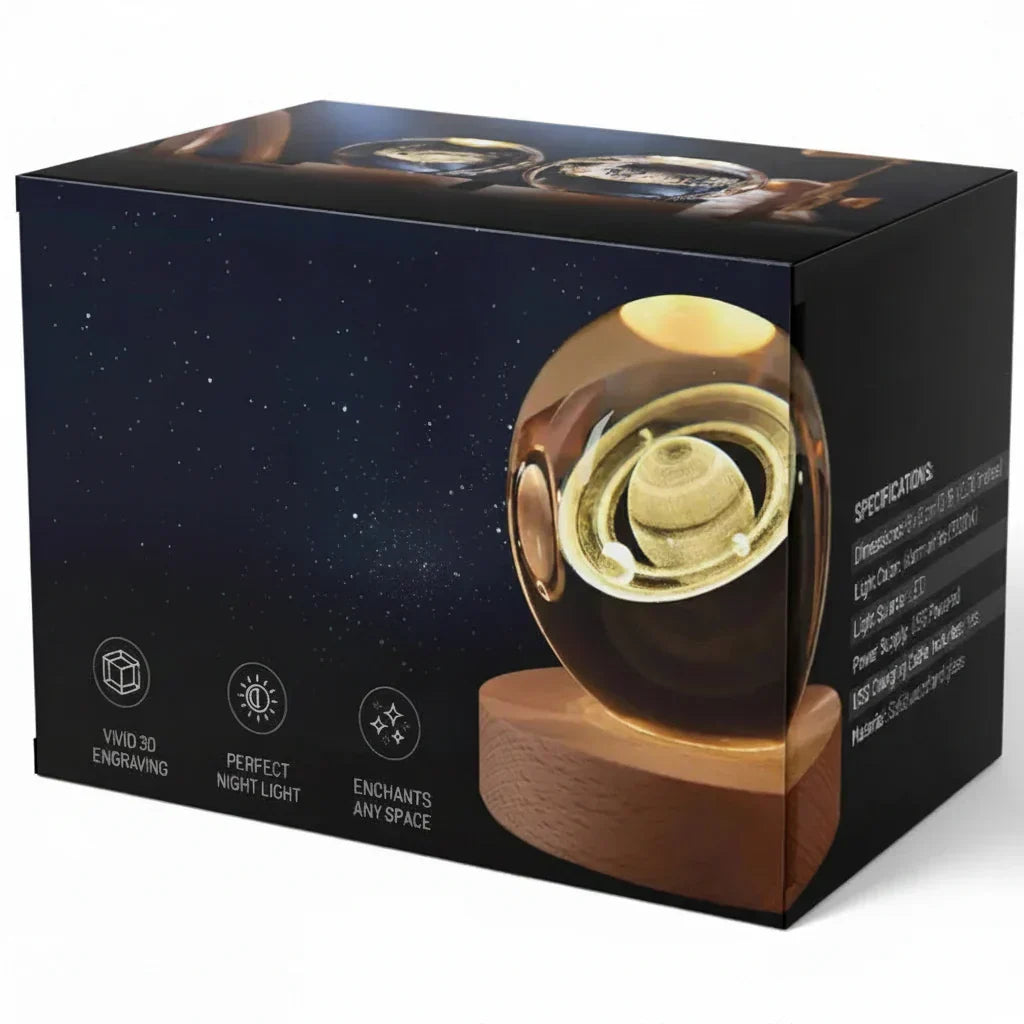 Nachtlicht und Tischlampe mit gravierter Kristallkugel in Planetenform