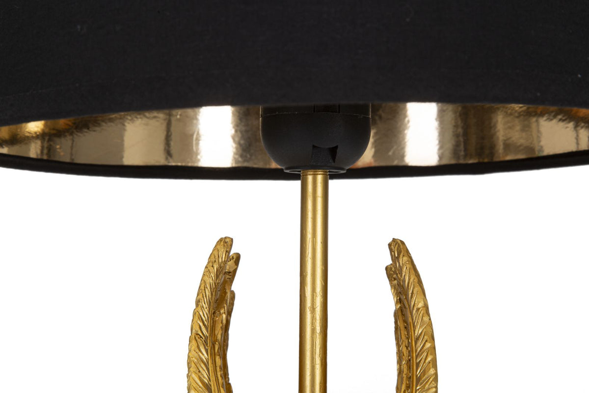 Skulpturale Tischlampe aus Metall und Harz mit Flügelmotiv und Stoffschirm