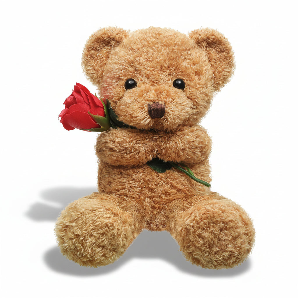 Kuscheliges Plüsch-Stofftier als Geschenk: Teddybär mit Rose