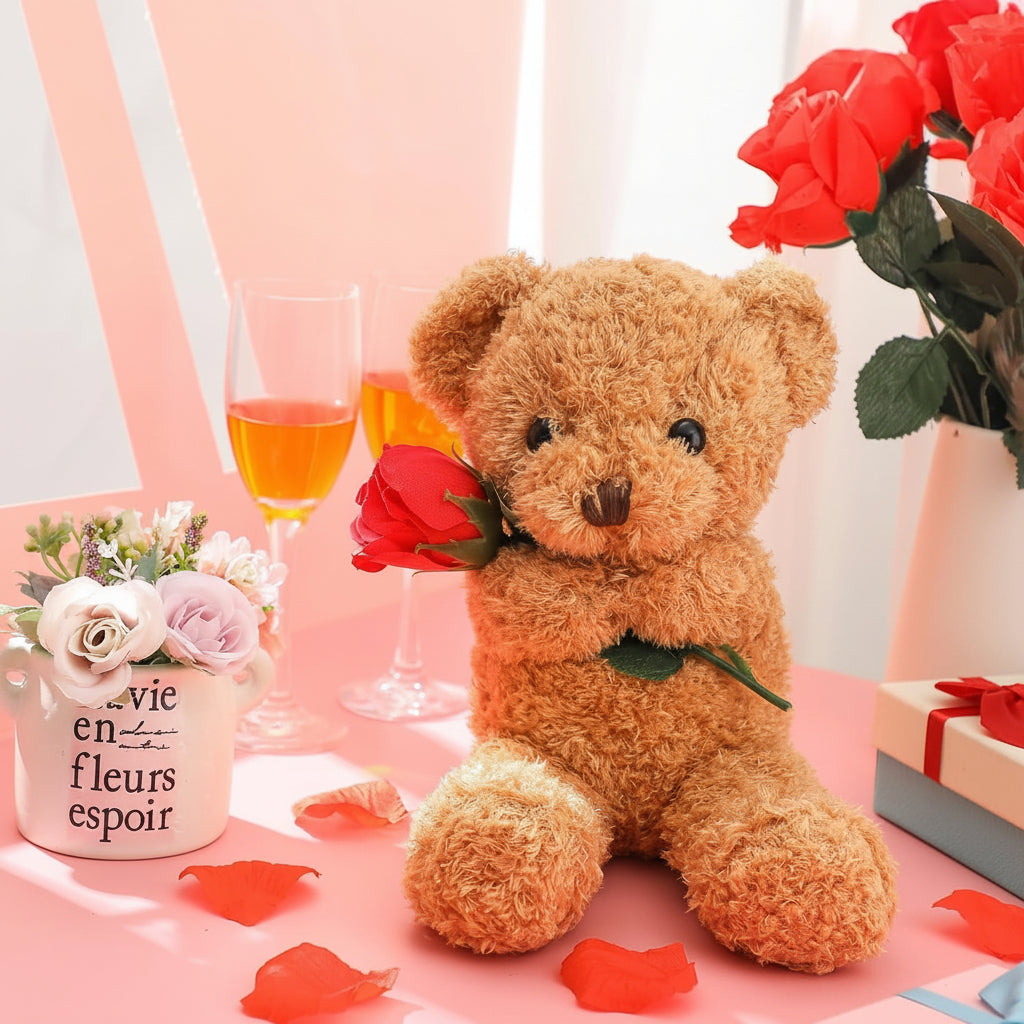 Kuscheliges Plüsch-Stofftier als Geschenk: Teddybär mit Rose