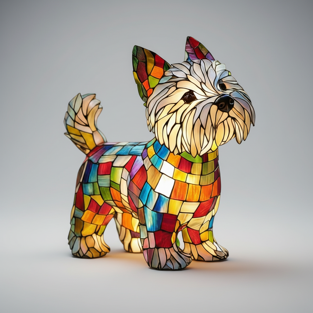 Nachtlicht und Tischlampe mit Hundefigur aus Buntglas und Kunstharz