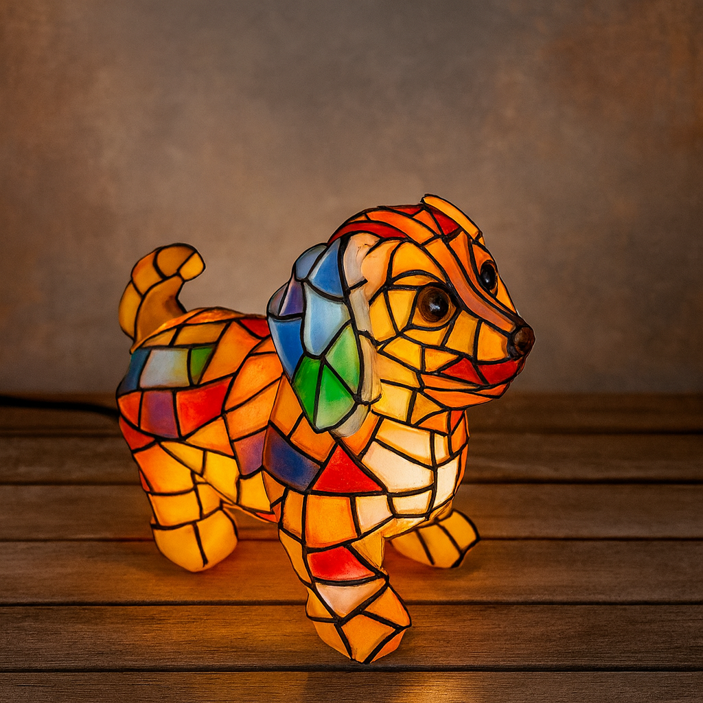 Dekorative Akzent-Tischlampe mit Hundefigur aus Kunstharz und Buntglas