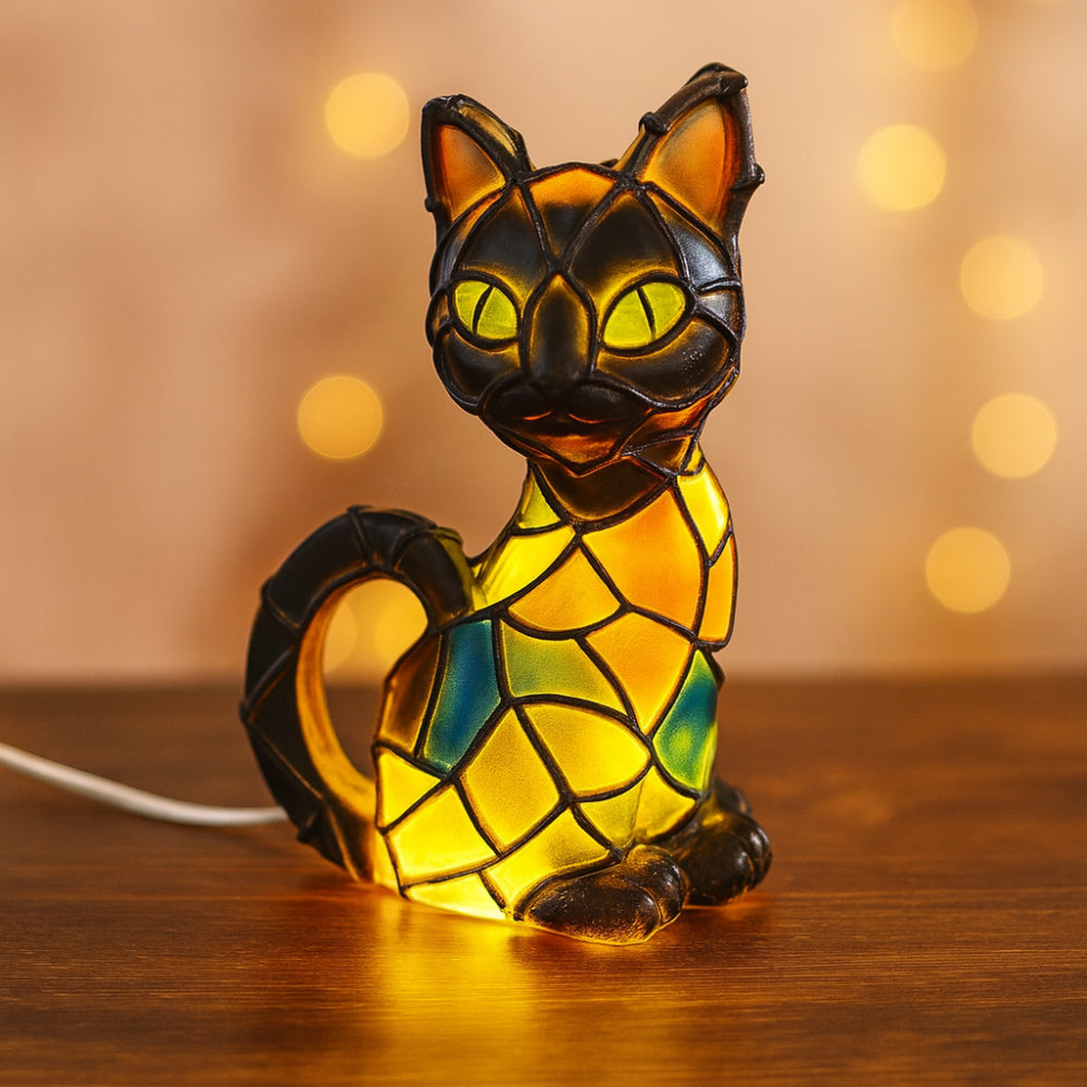 Tiffany-Tischlampe mit Katzenfigur aus Buntglasmosaik