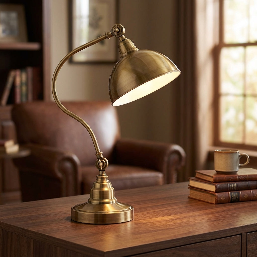 Vintage-Tischlampe aus Metall mit geschwungenem Arm und Kuppelschirm