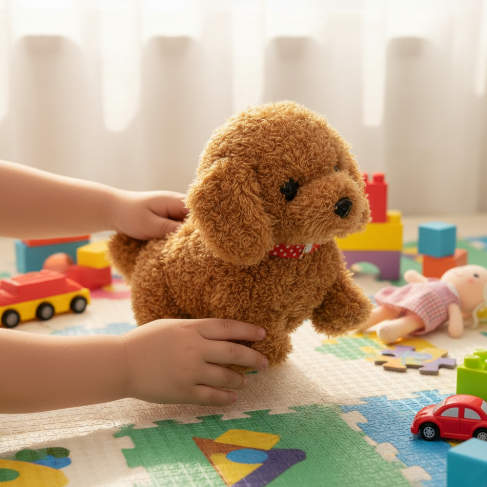 Plüsch-Roboterwelpe als Spielfigur mit Laufbewegung, Bellen und interaktiven Funktionen