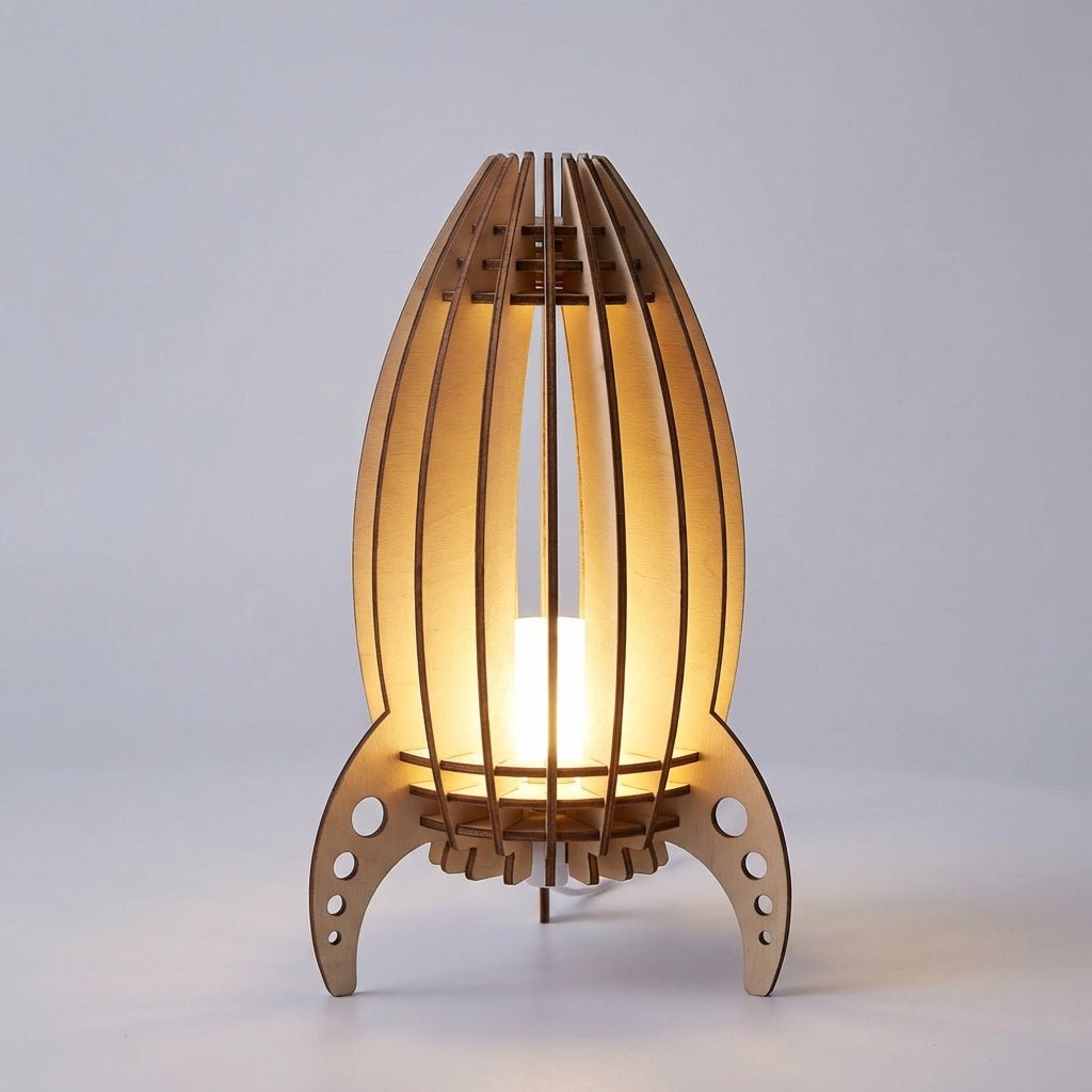 Verspielte Tischlampe aus Buchenholz mit geschlitzter Raketen-Silhouette