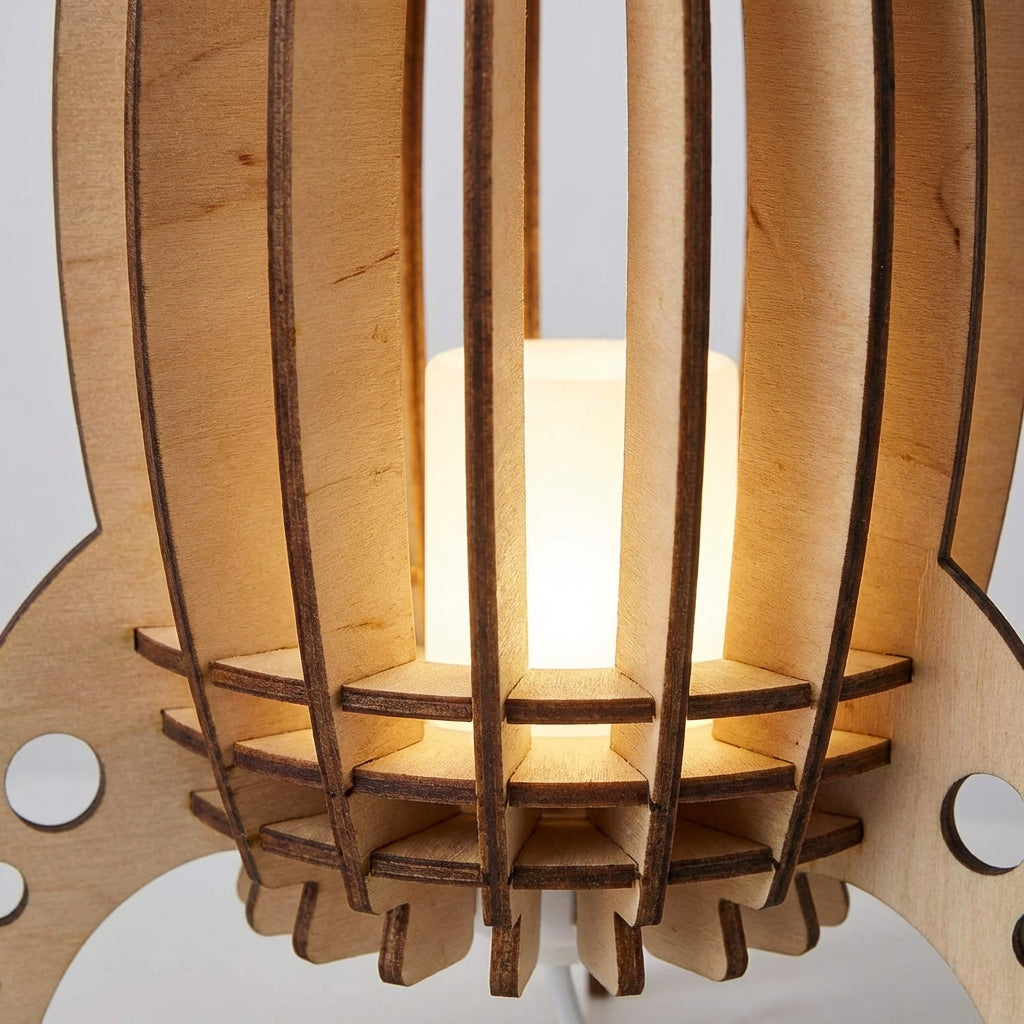 Verspielte Tischlampe aus Buchenholz mit geschlitzter Raketen-Silhouette