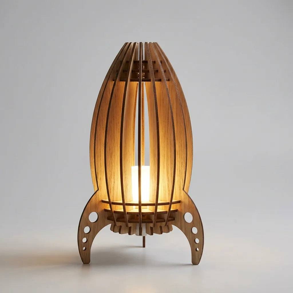 Verspielte Tischlampe aus Buchenholz mit geschlitzter Raketen-Silhouette
