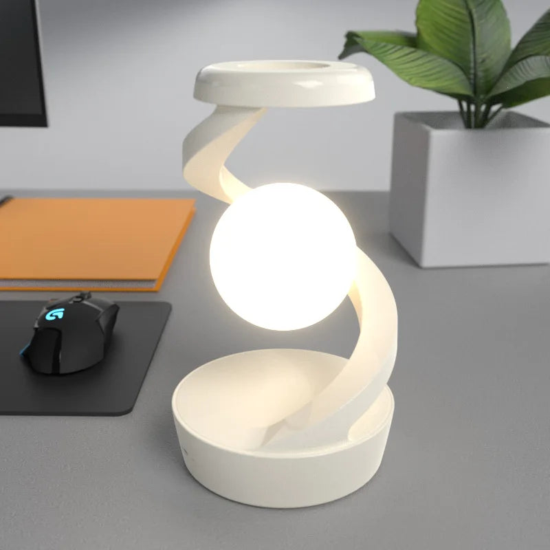 Tischlampe mit spiralförmigem Arm, Kugelschirm, Gestensteuerung und kabelloser Ladefunktion