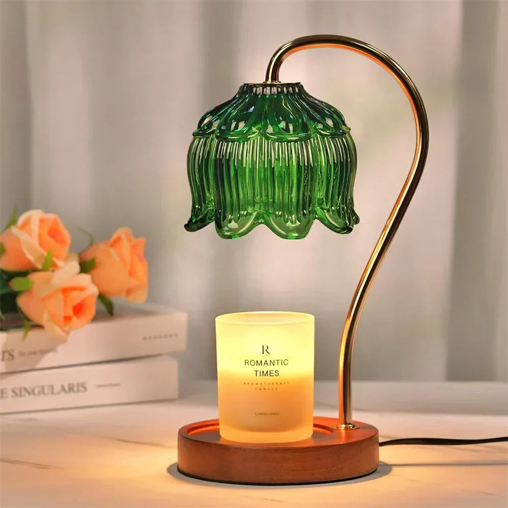 Tischlampe mit Retro-Blütenblüten-Glasschirm, Holzsockel und Kerzenwärmer