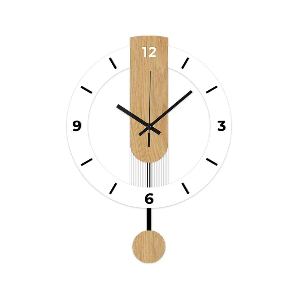 Minimalistische Wanduhr aus Acryl und Holz mit offenem Rahmen und leisem Pendel