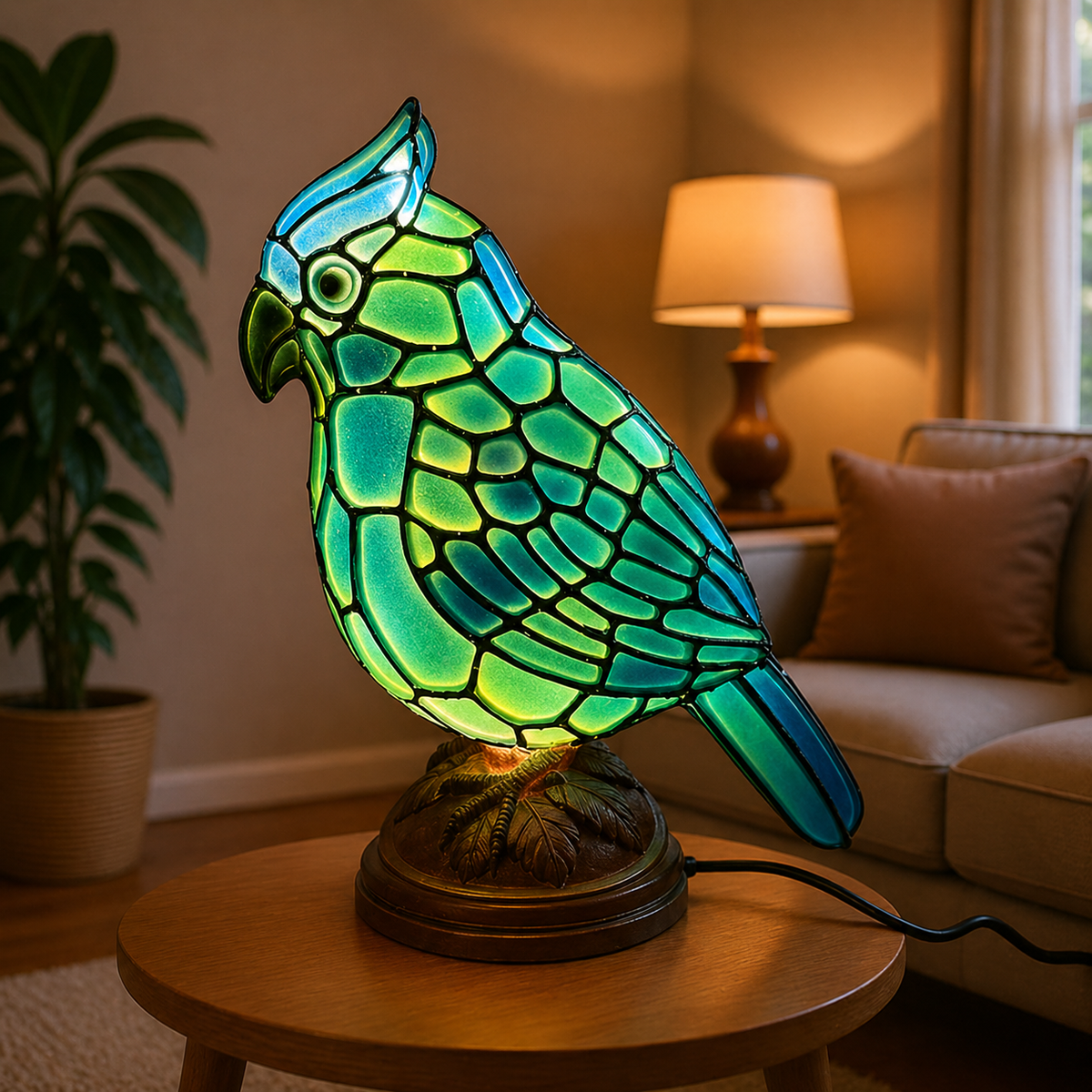 Künstlerische Tischlampe aus Glas mit Kardinalvogel-Skulptur