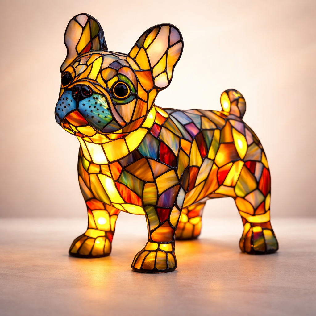Tischlampe mit Hundemotiv aus Buntglasmosaik