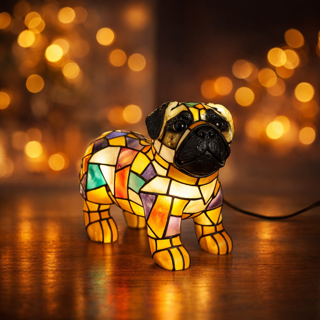 Akzent-Tischlampe mit skulpturaler Hundefigur aus Kunstharz und Buntglas