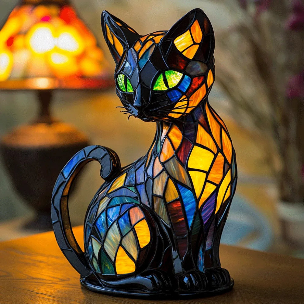 Tischlampe und Nachtlicht mit Katzenfigur im Buntglasstil
