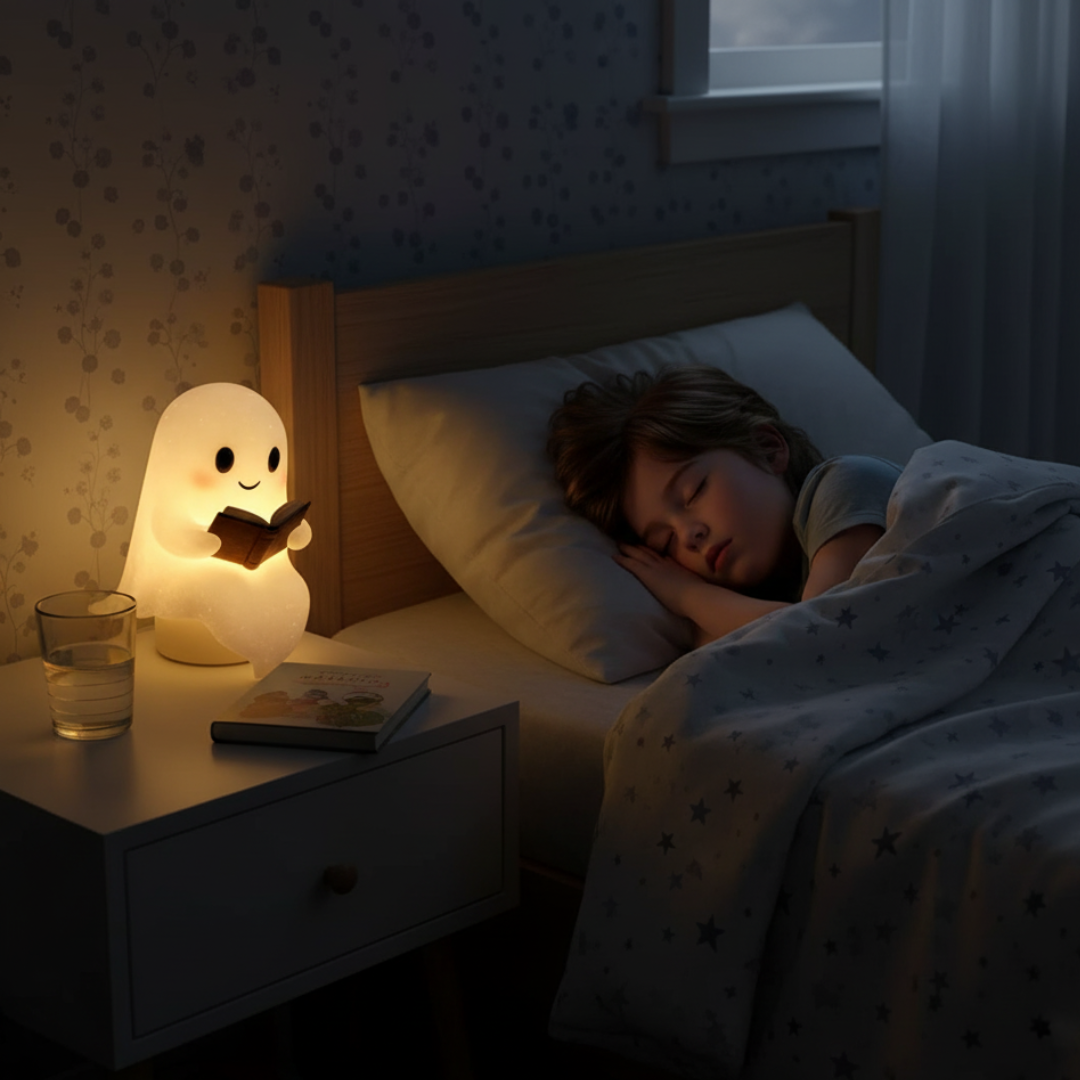 Niedliche Tischlampe in Geisterform als Nachtlicht am Bett