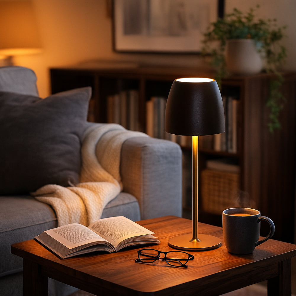 Minimalistische schlanke kabellose, wiederaufladbare dimmbare Tischlampe für Innen- und Außenbereiche