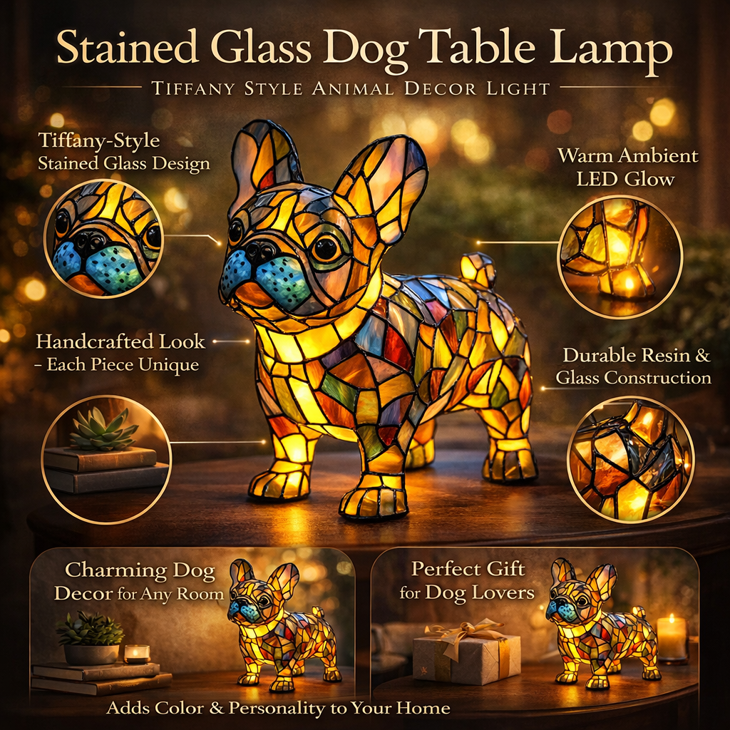 Dekorative Tier-Tischlampe mit Hundesilhouette aus Buntglas