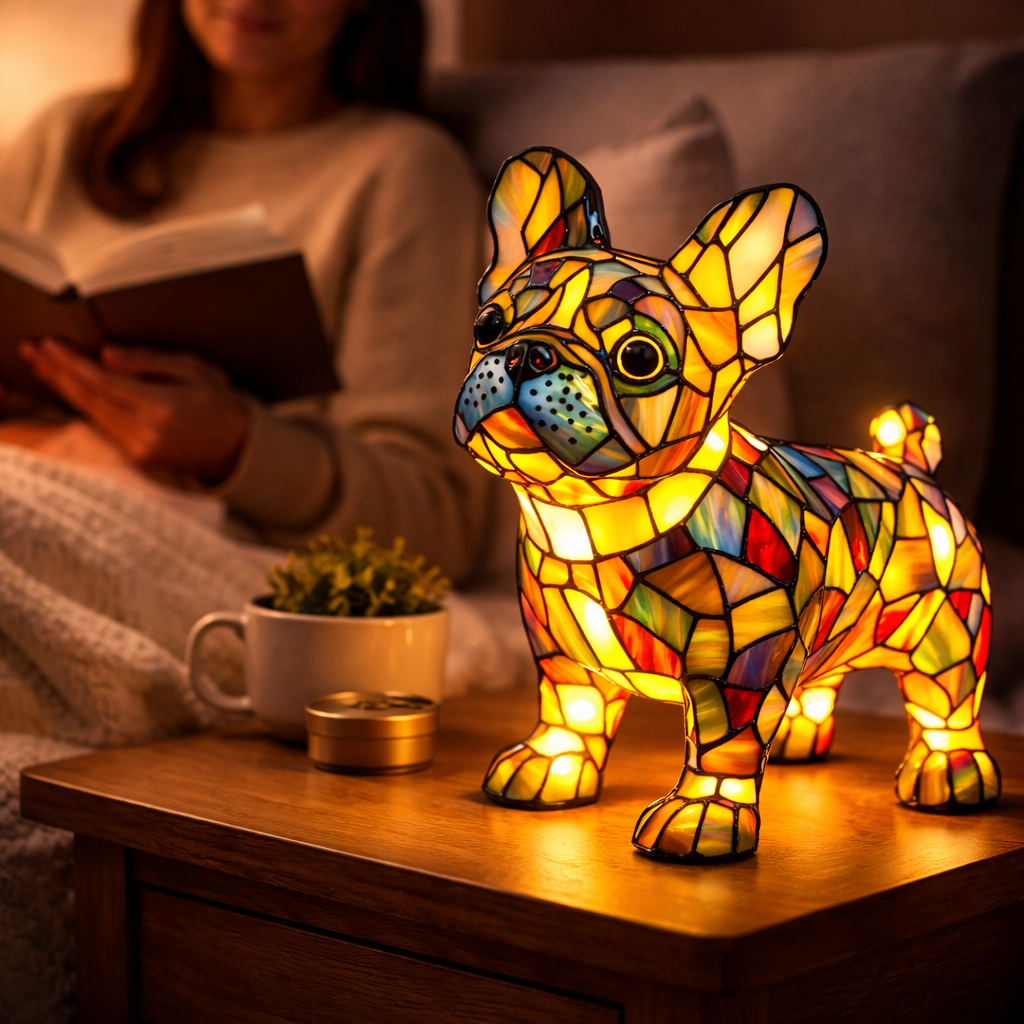 Dekorative Tier-Tischlampe mit Hundesilhouette aus Buntglas