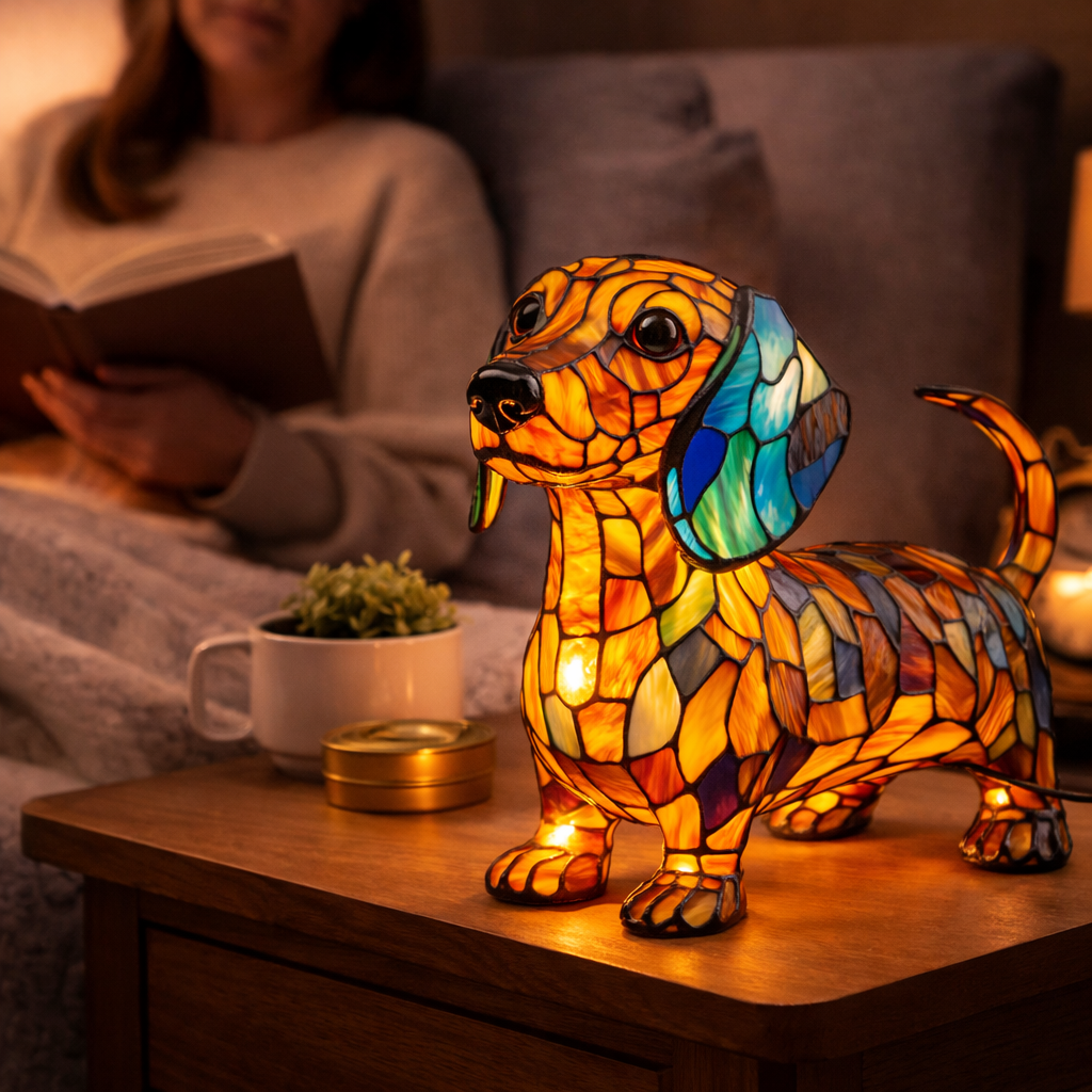 Dekorative Tier-Tischlampe mit Hundesilhouette aus Buntglas