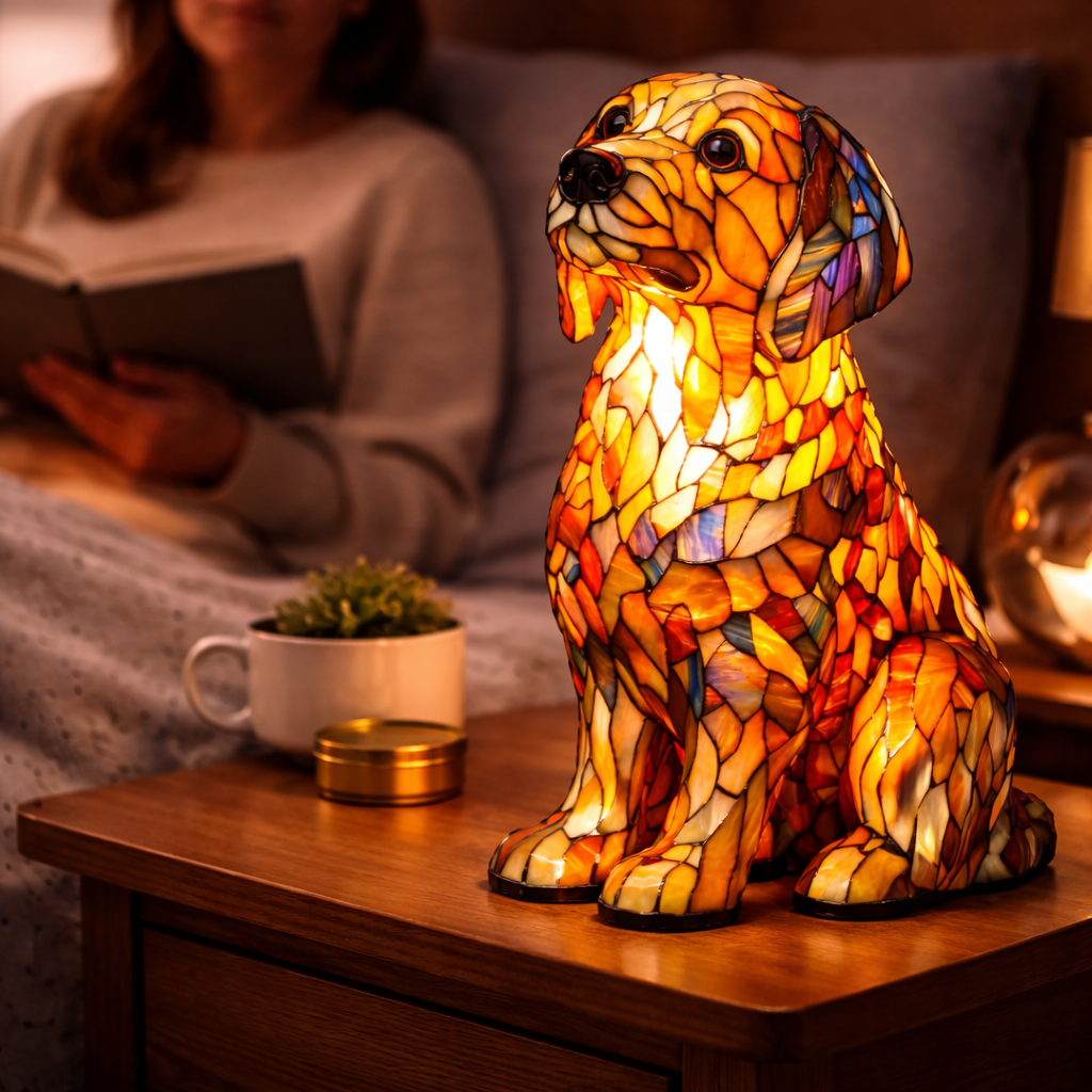 Dekorative Tier-Tischlampe mit Hundesilhouette aus Buntglas