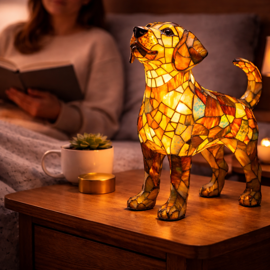 Dekorative Tier-Tischlampe mit Hundesilhouette aus Buntglas