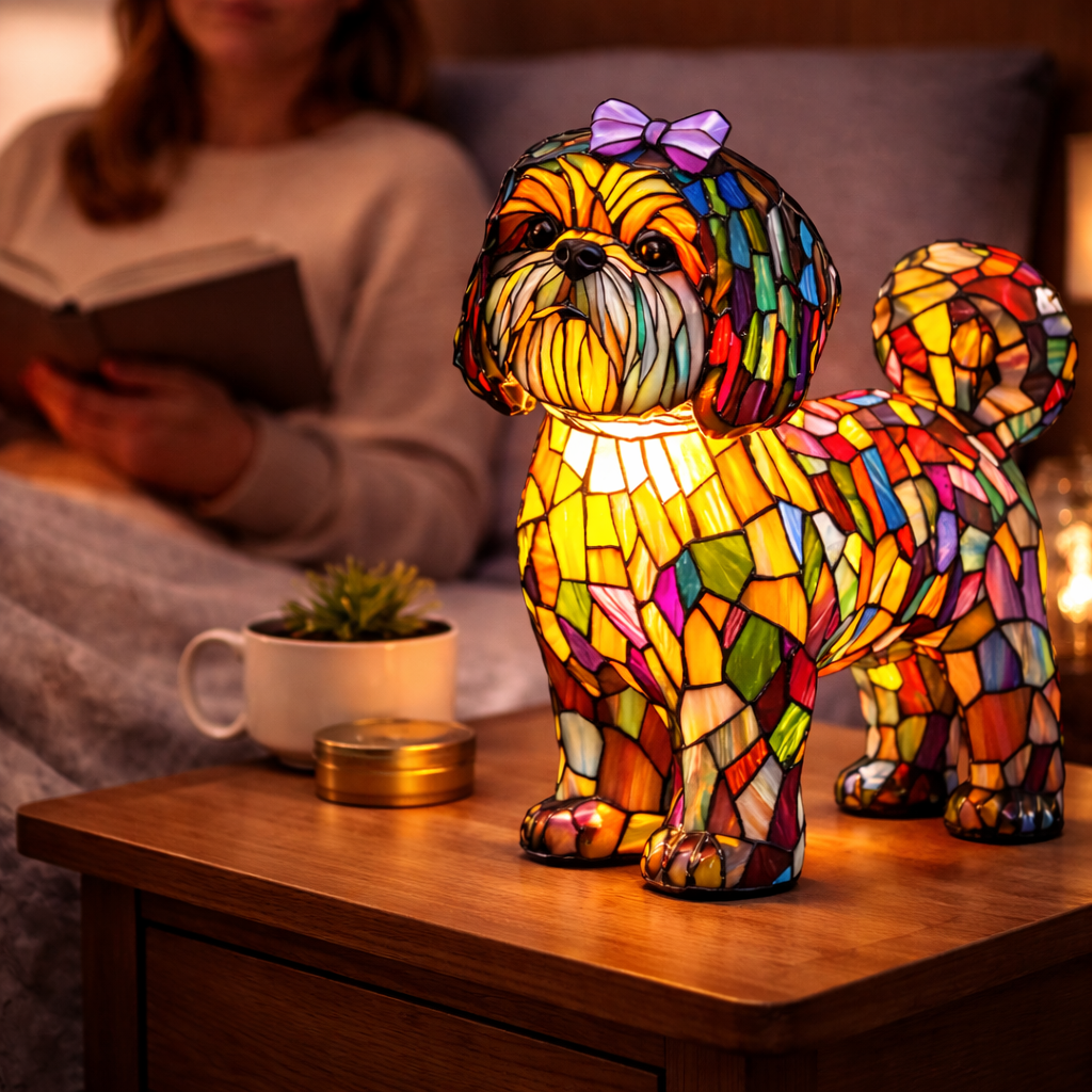 Dekorative Tier-Tischlampe mit Hundesilhouette aus Buntglas