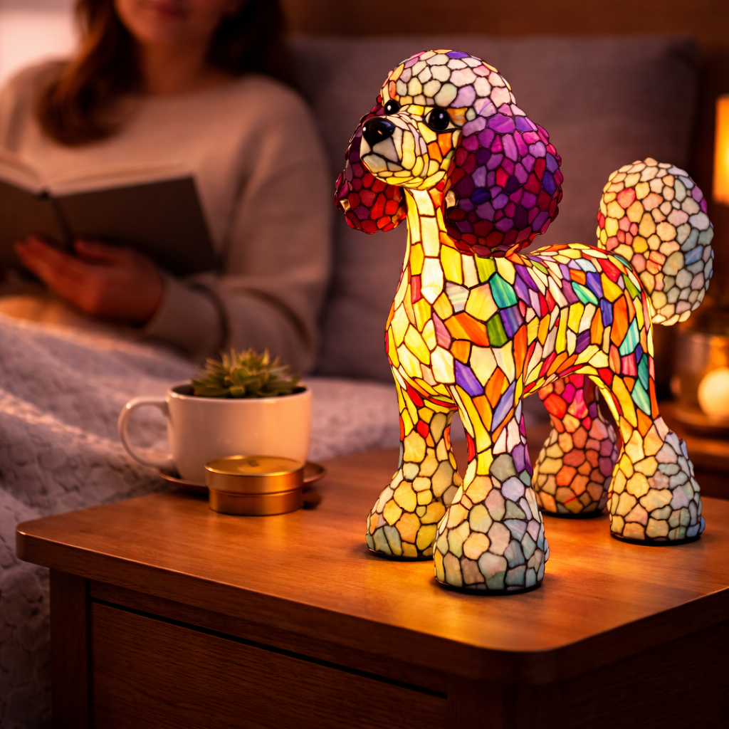 Dekorative Tier-Tischlampe mit Hundesilhouette aus Buntglas