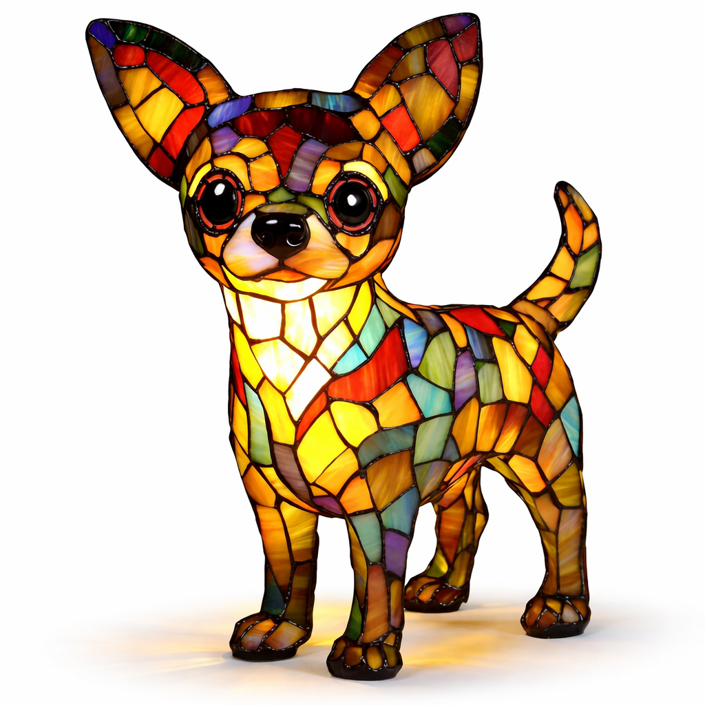 Dekorative Tier-Tischlampe mit Hundesilhouette aus Buntglas