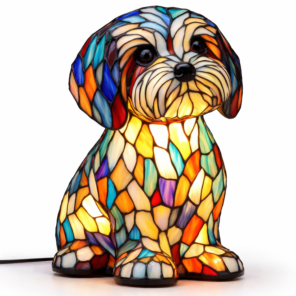 Dekorative Tier-Tischlampe mit Hundesilhouette aus Buntglas