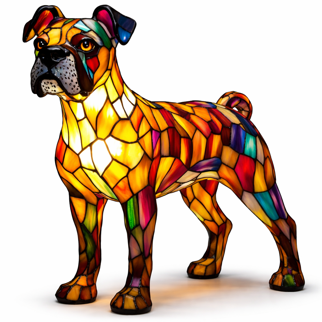 Dekorative Tier-Tischlampe mit Hundesilhouette aus Buntglas