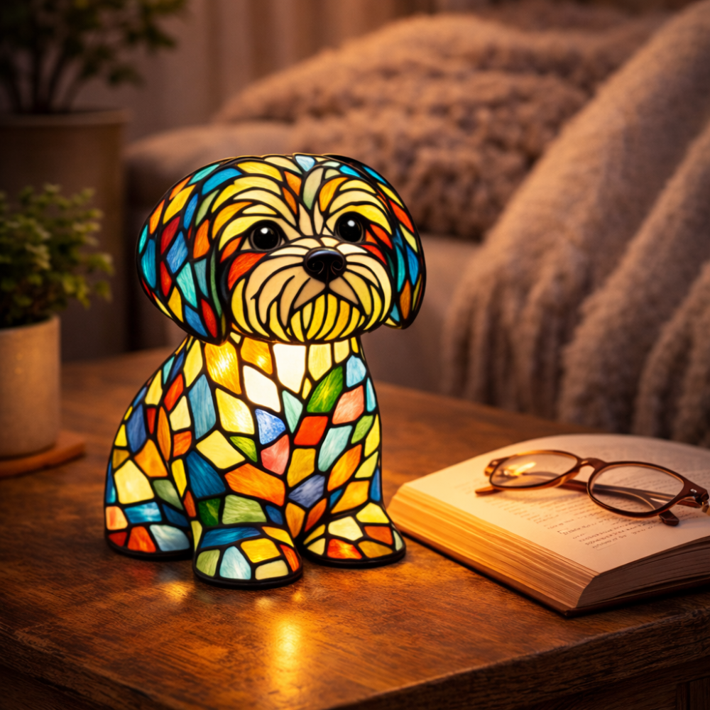 Nachtlicht und Tischlampe mit Hundefigur aus Buntglas und Kunstharz