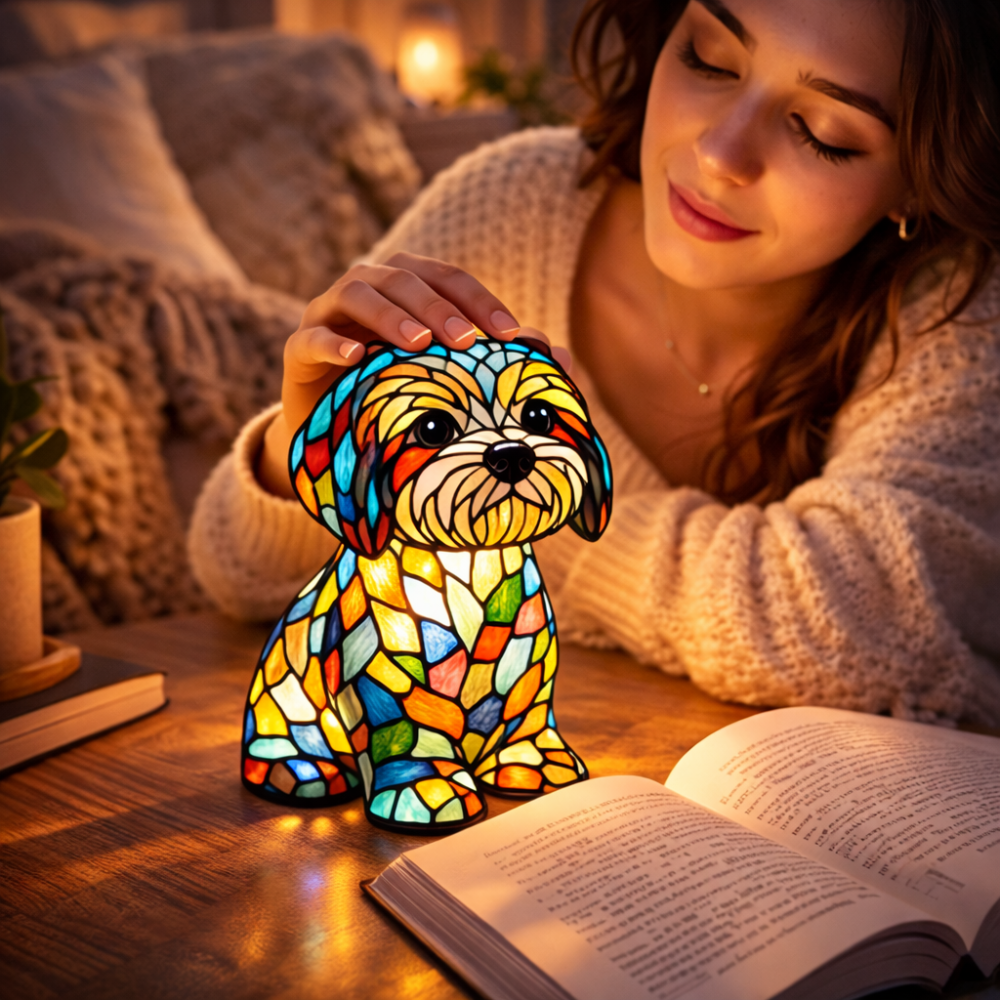 Nachtlicht und Tischlampe mit Hundefigur aus Buntglas und Kunstharz