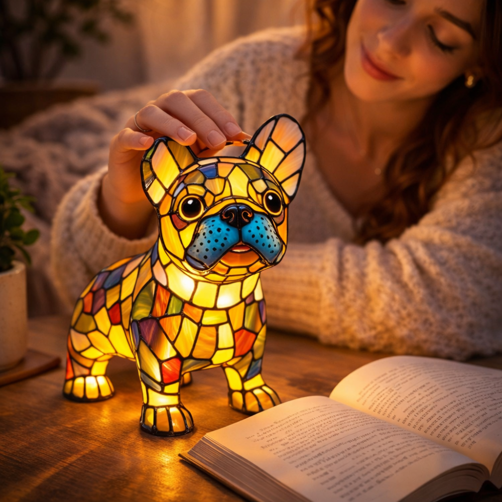 Nachtlicht und Tischlampe mit Hundefigur aus Buntglas und Kunstharz