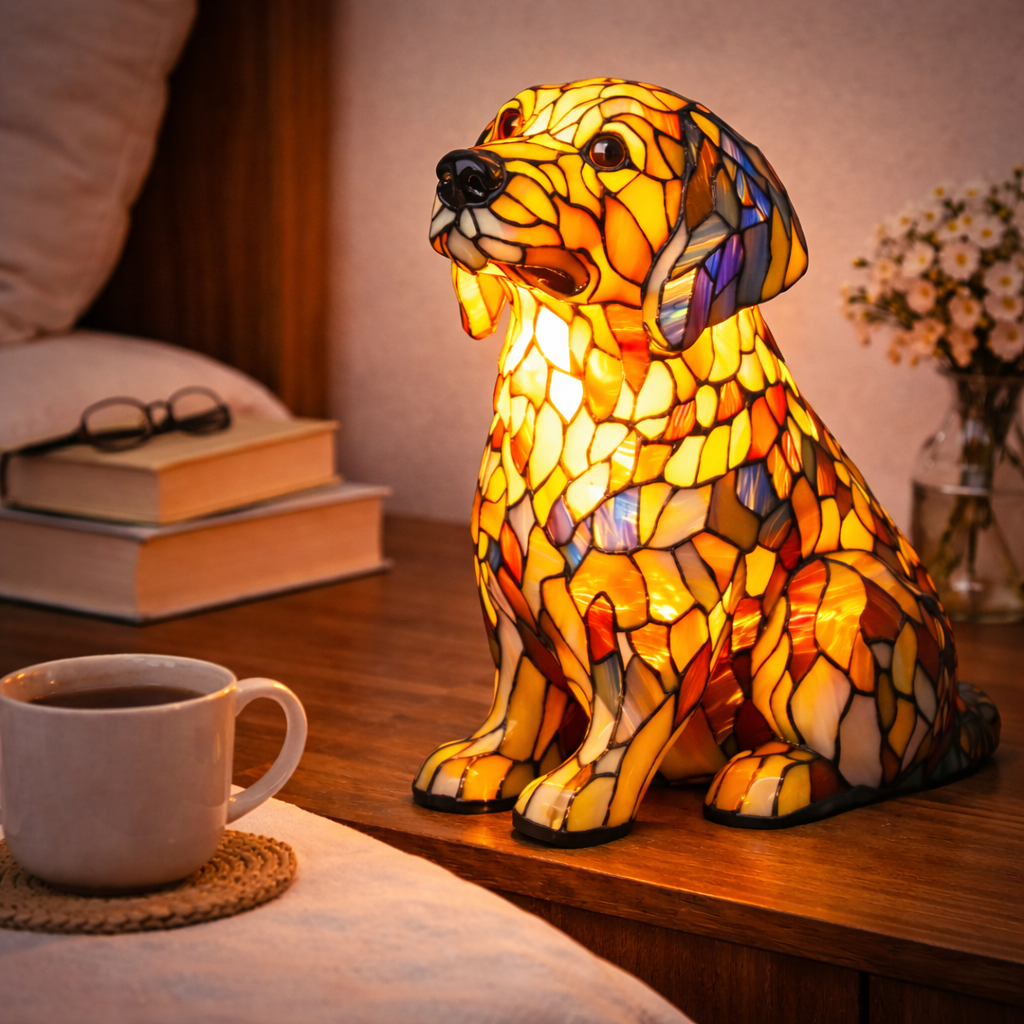 Dekorative Tischlampe aus Hundemotiv-Buntglasmosaik für das Schlafzimmer