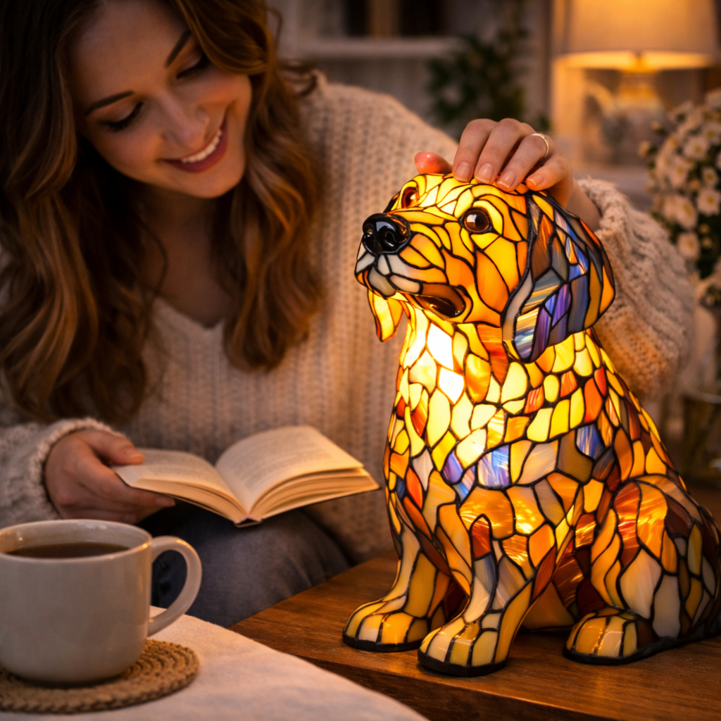 Dekorative Tischlampe aus Hundemotiv-Buntglasmosaik für das Schlafzimmer