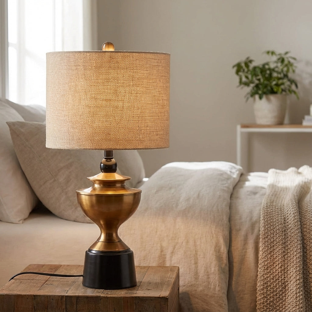 Kompakte Nachttischlampe mit klassischem Leinenschirm und höhenverstellbarem Design