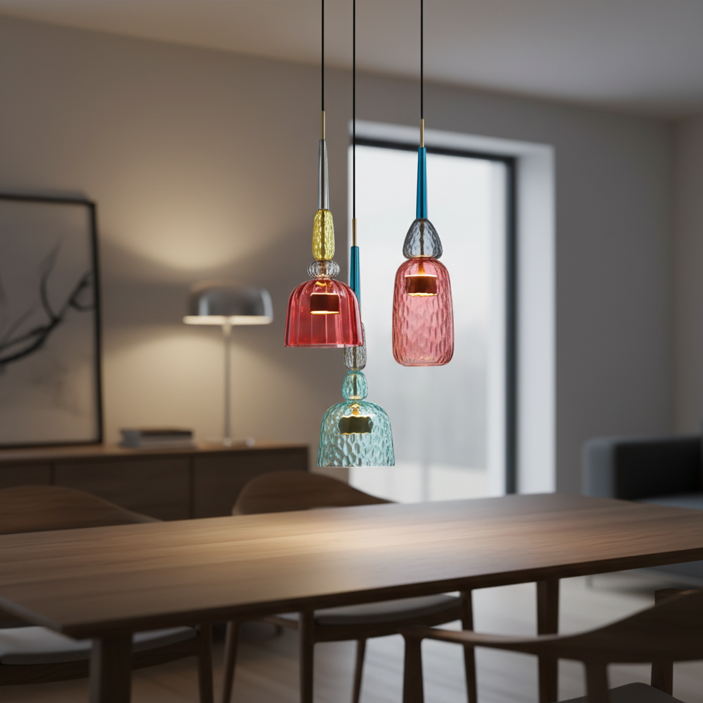 Pendelleuchte mit zylindrischem Lampenschirm aus farbigem Glas