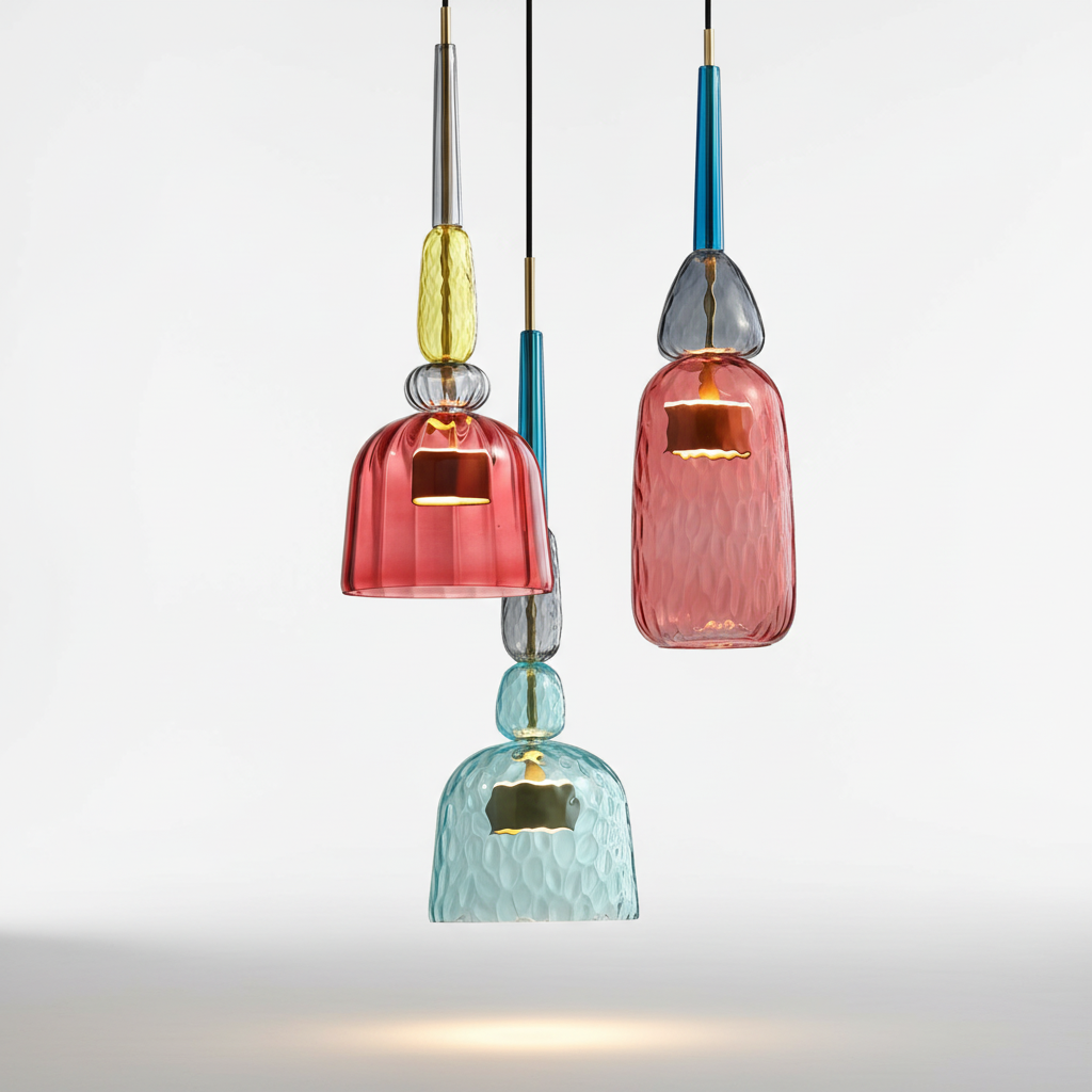 Pendelleuchte mit zylindrischem Lampenschirm aus farbigem Glas