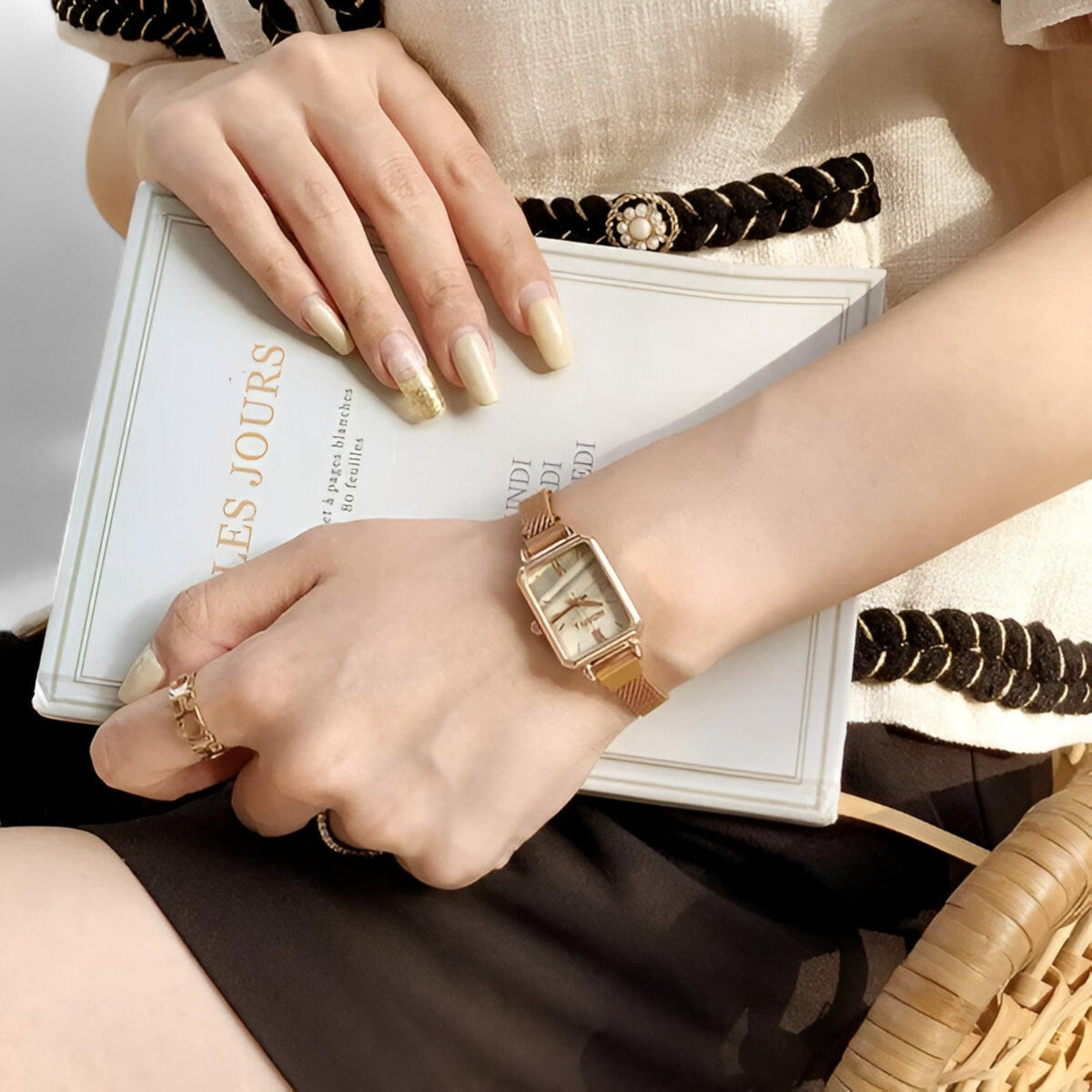Quarz-Armbanduhr mit quadratischem Zifferblatt, Mesh-Armband und Magnetverschluss