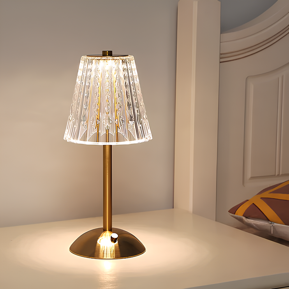 Wiederaufladbare Tischlampe mit Kristall-Lampenschirm, gebürstetem Aluminium und Touch-Steuerung