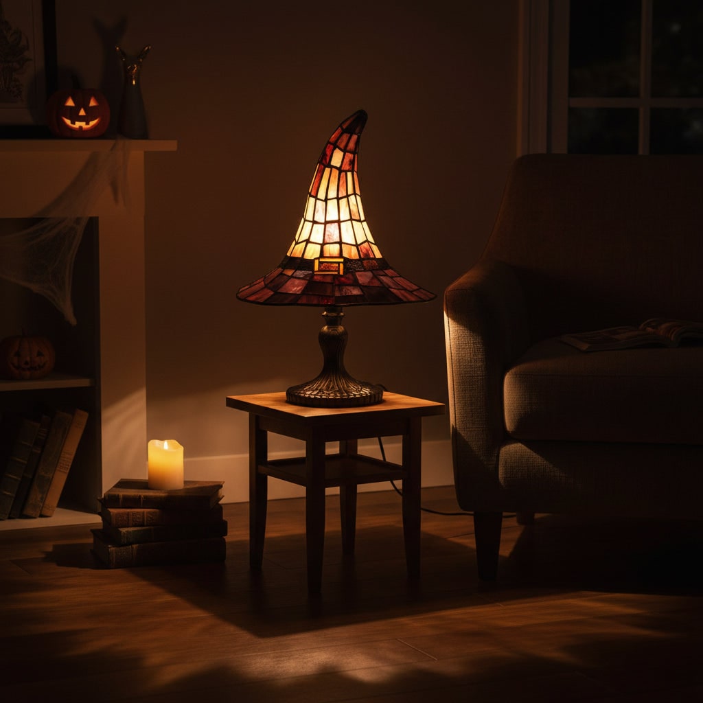 Verspielte Tischlampe als Hexenhut-Silhouette für die Halloween-Dekoration
