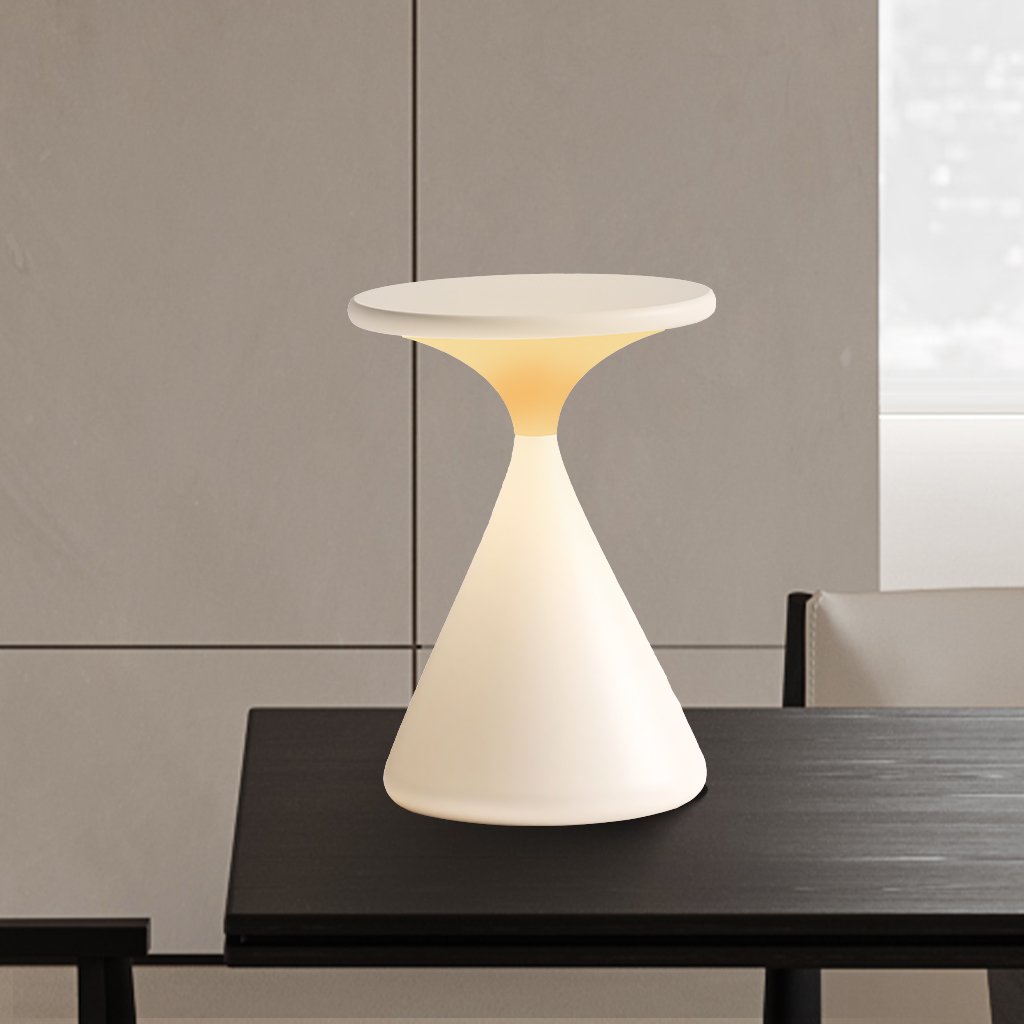 Skulpturale minimalistische Tischlampe in Sanduhrform, kabellos, dimmbar und wiederaufladbar